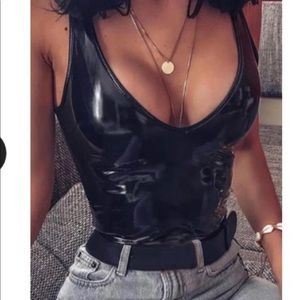 Black Vinyl V neck bodysuit